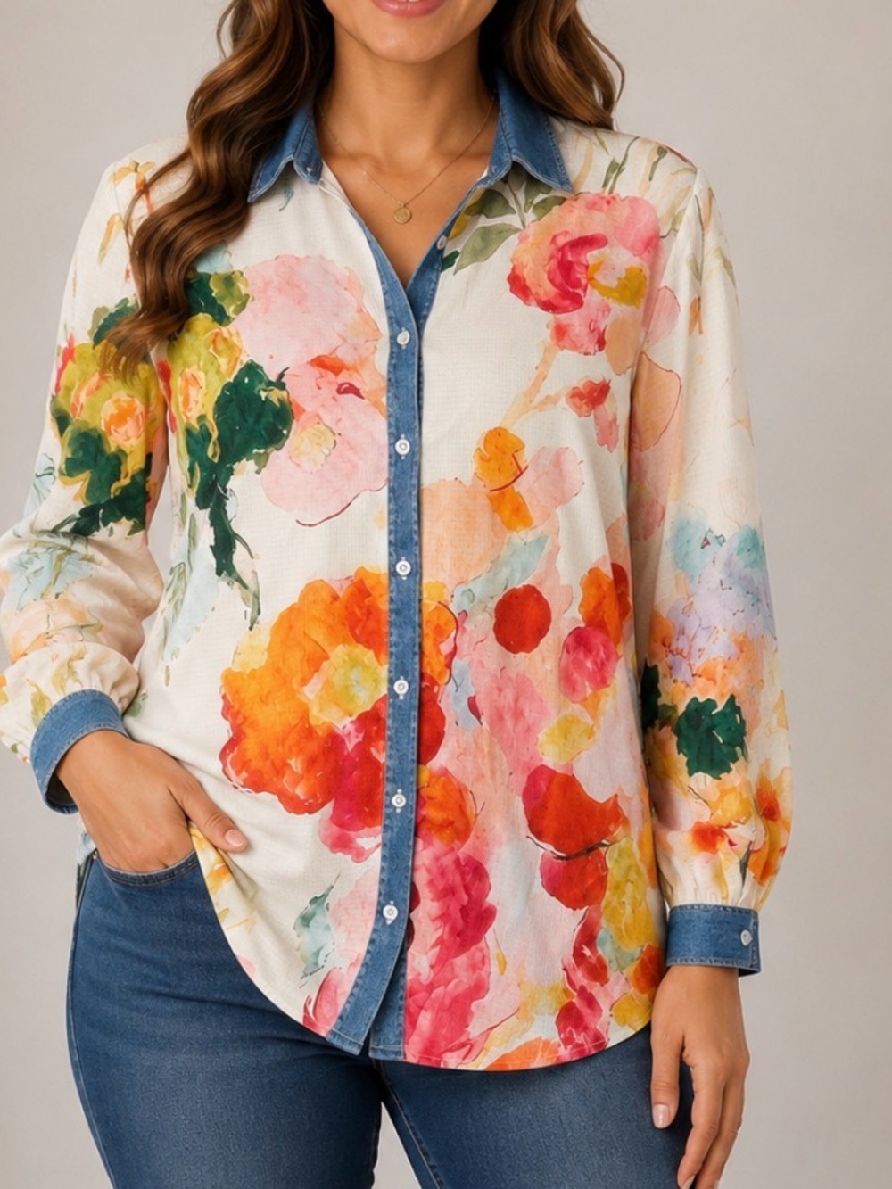 Watercolor Floral Button-Up Shirt with Denim Trim blouse business casual SZ SM
